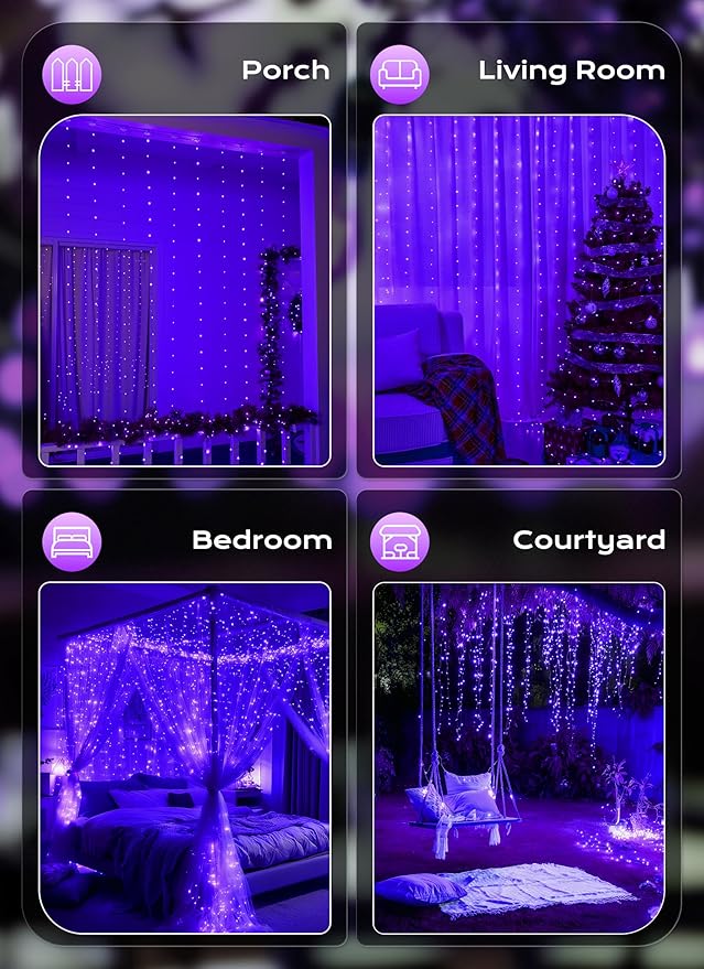 Brightown 300 LED Purple Halloween Fairy Curtain Lights, 9.8ft x 9.8ft Curtain String Lights, USB Plug in 8 Lighting Modes LED Christmas String Hanging Lights with Remote for Bedroom Indoor Weddings