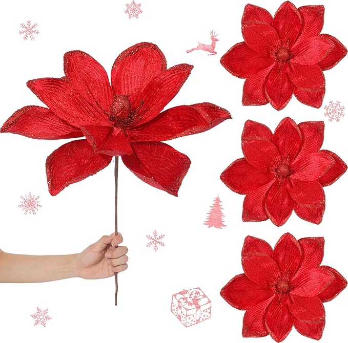 8 Pcs Large Christmas Flower Magnolia Flowers Christmas Tree Decoration Artificial Poinsettia Stems Velvet Xmas Ornaments for Xmas Tree Table Decor (Burgundy,16 Inch)
