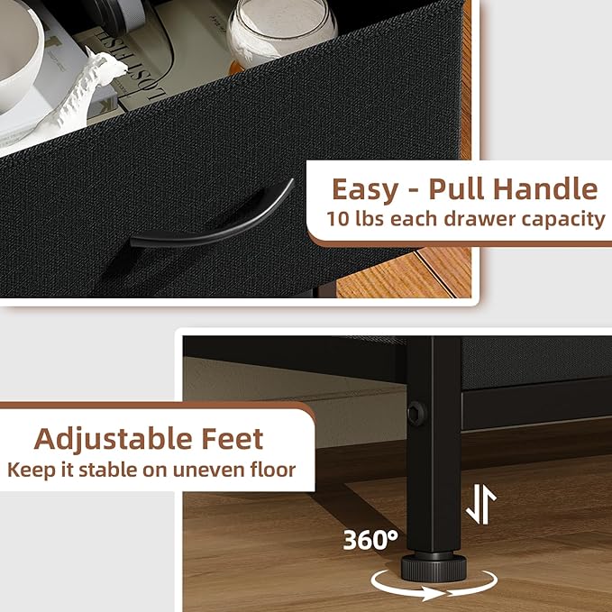 Somdot Nightstand Set of 2, Small Dresser for Bedroom with 2 Drawers,Night Stand Bedside Table End Table with Fabric Bins for Bedroom Kids Closet Dorm Guest Room, Black Rustic Brown