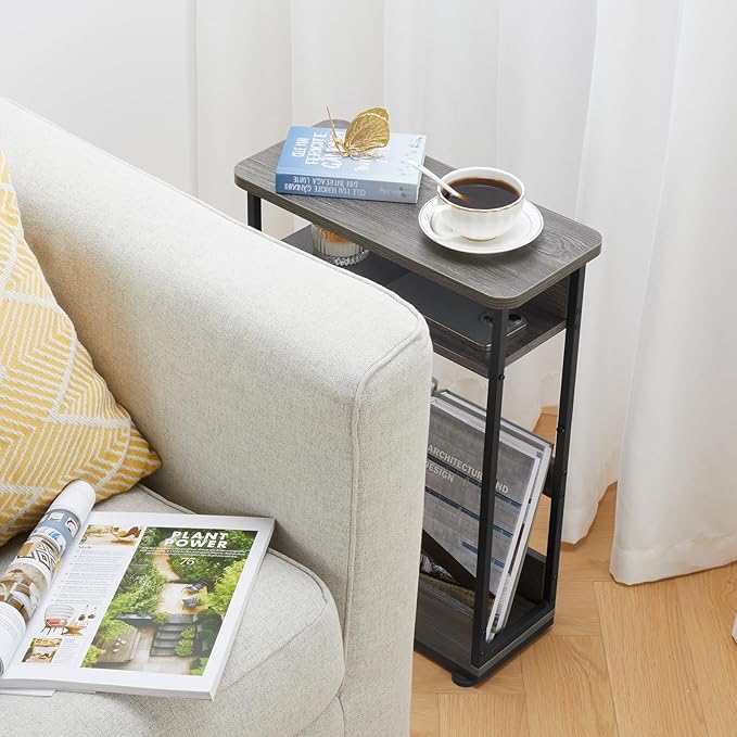 Narrow Side Table,3-Tier Slim End Table with Storage Shelf,Modern Sofa Table Thin Side Table for Narrow and Small Spaces, Skinny Bedside Table Small Nightstand with Magazine Rack Space Saving/Grey