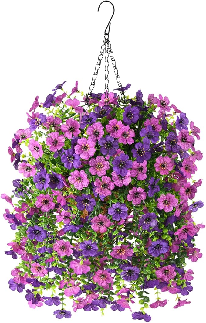 Artificial Fake Hanging Plants Flowers Baskets for Outdoor Outside Spring Decor,Faux Silk Daisy UV Resistant Look Real Summer Decorations for Home Porch Patio Yard Garden(Mix Purple