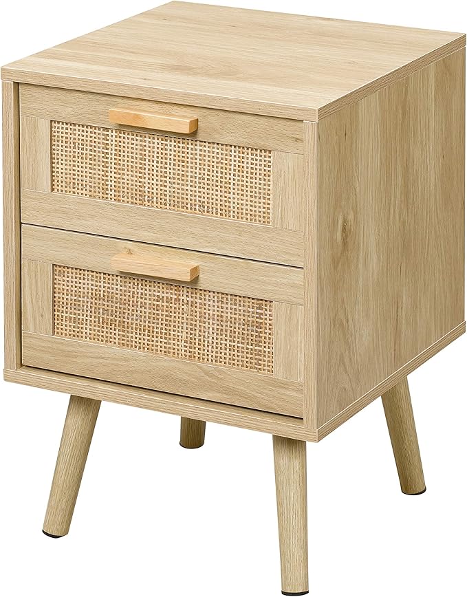 Finnhomy Nightstand, End Table, Side Table with 2 Hand Made Rattan Decorated Drawers, Wood Accent Table with Storage for Bedroom, Natural (Patented)