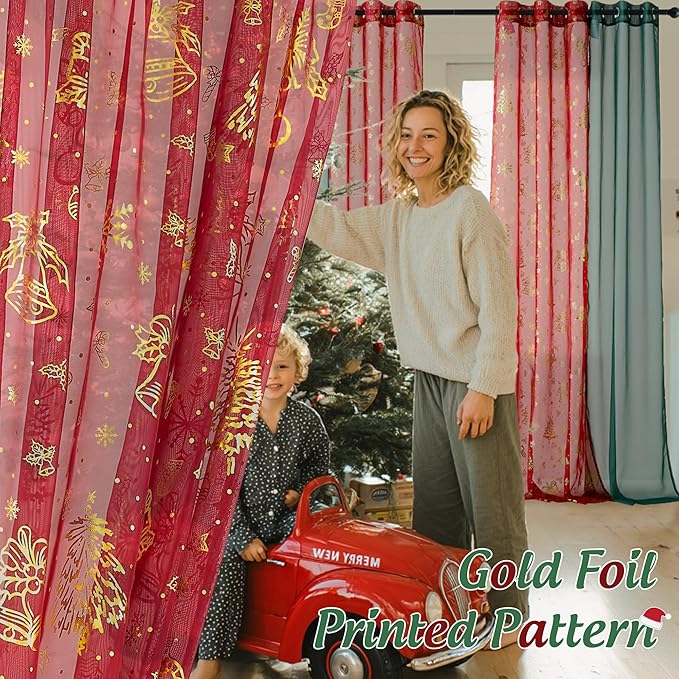 NICETOWN Christmas Window Curtains Set, 2 Pcs W29xL96 Green Sheer + 2 Pcs W40xL96 Gold Foil Stamped for Christmas Home Decoration