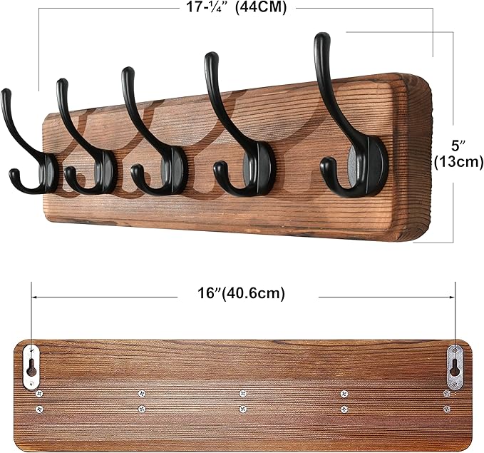 SKOLOO Rustic Wall Mounted Coat Rack, Case of 2, Pine Solid Wood Coat Hook Hanger - 5 Hooks for Hanging Clothes Robes Towels Coats