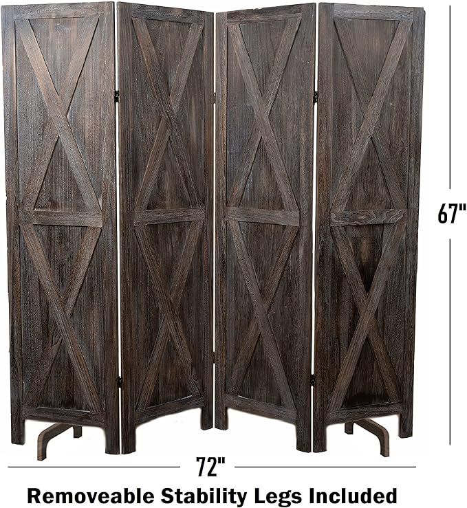 Premium Home 4-Panel Room Divider – Rustic Brown Barn Door, X Pattern Folding Privacy Screen, Partition Wall