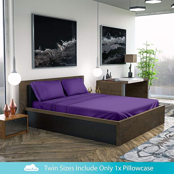 DREAMCARE Twin XL Sheet Sets – 3pcs Cooling Sheets – up to 15” Deep Pocket Twin XL Sheets Set – Hotel Luxury Sheets & Pillowcases – Superior Softness 100% Fine Microfiber with Side Pocket – Purple