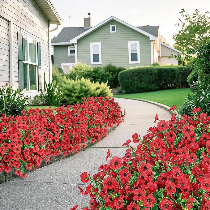 Ouddy Decor 24 Bundles Artificial Flowers for Outdoors Fake Silk Flowers UV Resistant Faux Plastic Plants for Spring Summer Garden Porch Window Box Table Vase Home Indoor Outdoor Decoration, Red