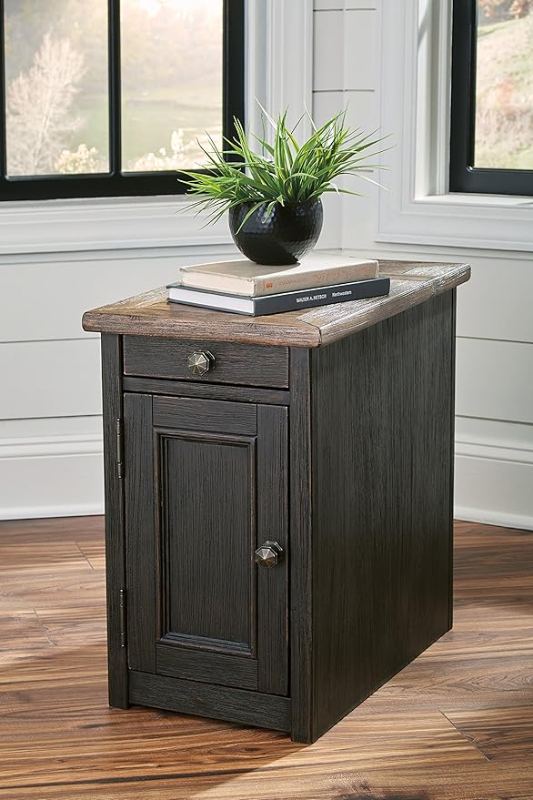 Signature Design by Ashley Tyler Creek Rustic Chair Side End Table with Pull-Out Tray & USB Ports, Brown