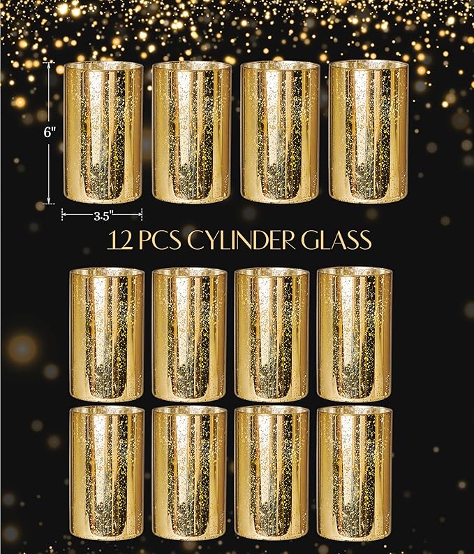 Gold Cylinder Vases for Centerpieces, Modern Glass Vase Set of 12 Decorative Hurricane Candle Holder for Pillar Candle Holders Flowers for Table Centerpiece