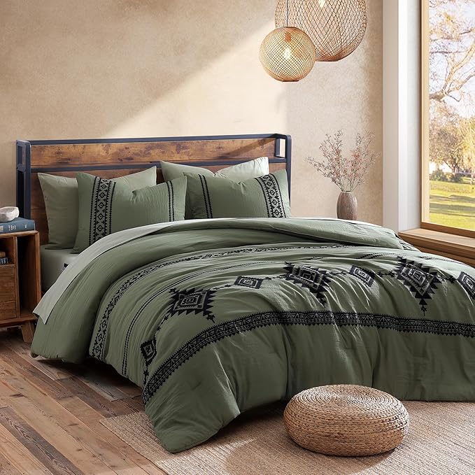 MaiRêve Oversized Queen Comforter Set Olive Green, Embroidery Western Bedding Set Boho 7 Pieces, Farmhouse All Season Bed in A Bag with Sheets, Pillowcases & Shams