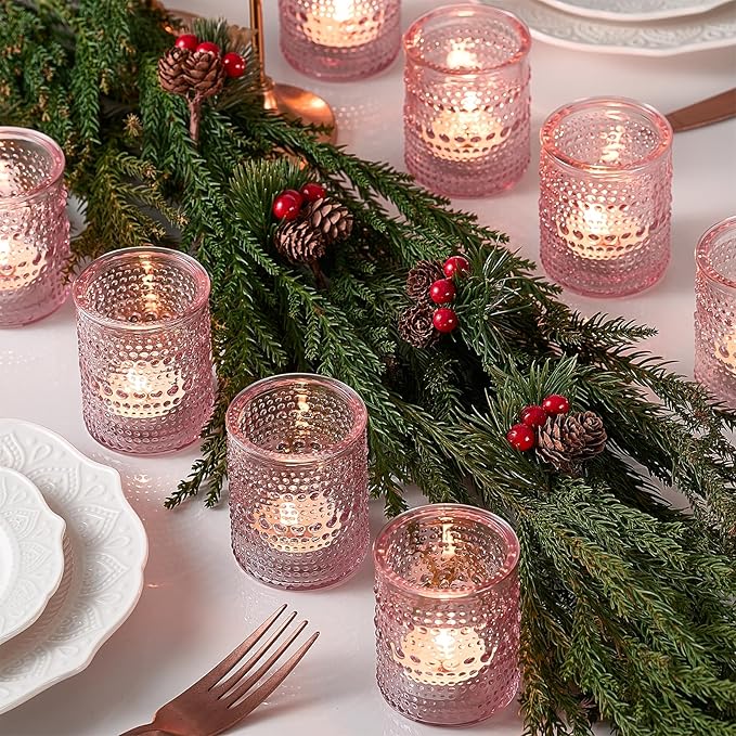 24 Pack Clear Glass Votive Candle Holders, Vintage Candle Holder for Floating Candle, Tealight Candle Holder for Table Centerpieces Home Bridal Shower Birthday Christmas Table Decoration (Pink)