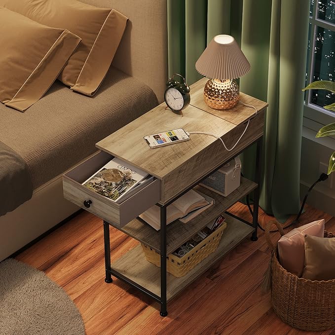 WLIVE Narrow Side Table with 2 USB Ports and 2 Outlets, Flip Top End Table with Drawer and Storage Shelves, Small Nightstand with Charging Station for Living Room/Bedroom, Greige