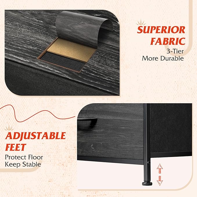 WLIVE Dresser for Bedroom with 10 Fabric Drawers, Tall Chest Organizer Units for Clothing, Closet, Storage Tower with Cabinet, Metal Frame, Wooden Top, Charcoal Black Wood Grain Print