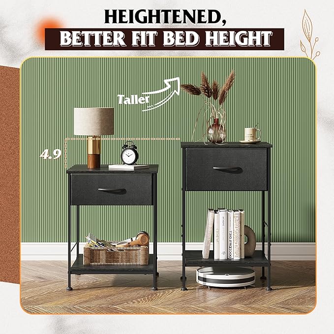 WLIVE Night Stand Set 2, Black Nightstand with Fabric Storage Drawer and Open Wood Shelf, Nightstand Set of 2 with Steel Frame, Side Table for Bedroom, Dorm, Charcoal Black, 25.03" Height