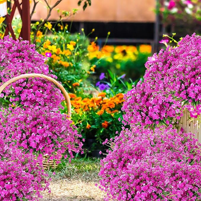 Hoteam 50 Bundles Outdoor Artificial Flowers Plants Uv Resistant Outside Faux Flowers Plastic Fake Plants Outdoor Summer Fall Four Seasons Decoration Shrubs Garden Porch Box, Purple Red