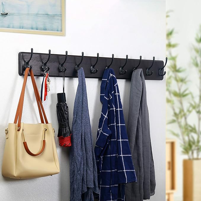 WEBI Wall Mounted Coat Rack, 16" Hole to Hole, Large Hanger Hook Rack, 5 Hooks for Hanging Coats, Hats, Jacket, Clothes, Entryway, Black, 2 Packs