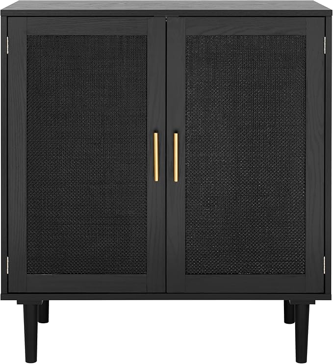 Finnhomy Sideboard Buffet Kitchen Storage Cabinet with Black Painted Rattan Decorated Doors, Dining Room, Hallway, Cupboard Console Table, Liquor/Accent Cabinet, 31.5X 15.8X 34.6 Inches, Black