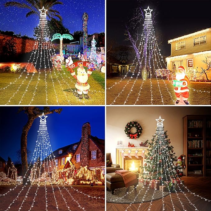 FUNIAO (Upgraded) Christmas Decoration Outdoor Star String Lights, 320 LED Christmas Tree Topper Lights with 12" Lighted Star for Halloween Christmas New Year Holiday Garden Yard (White)