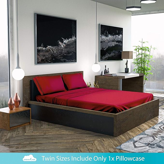 DREAMCARE Twin XL Sheet Sets – 3pcs Cooling Sheets – up to 15” Deep Pocket Twin XL Sheets Set – Hotel Luxury Sheets & Pillowcases – Superior Softness 100% Fine Microfiber with Side Pocket – Burgundy