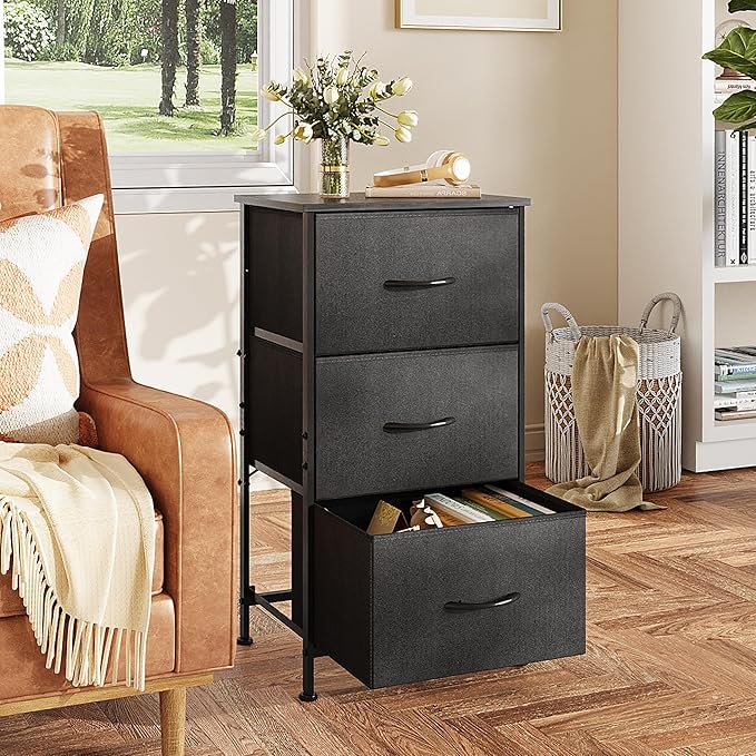 WLIVE Dresser with 3 Drawers, Fabric Nightstand, Organizer Unit, Storage Dresser for Bedroom, Hallway, Entryway, Closets, Sturdy Steel Frame, Wood Top, Easy Pull Handle, Charcoal Black