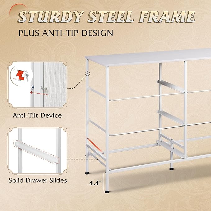WLIVE Wide Dresser with 6 Drawers, TV Stand for 50" TV, Entertainment Center with Metal Frame, Wooden Top, Fabric Storage Dresser for Bedroom, Hallway, Entryway, White