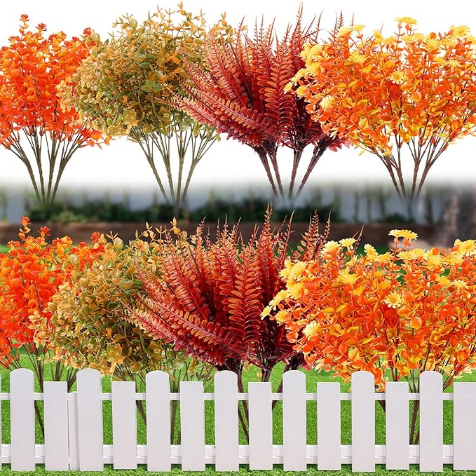Ceenna 16 Bundles Fall Artificial Flowers for Outdoors Decorations Floral Picks Stem Fake Mums Eucalyptus Maple Leaves Berry for Garden Autumn Thanksgiving Arrangement (15 Inch,Eucalyptus)