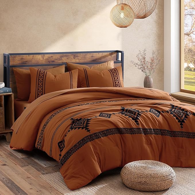 MaiRêve Oversized Queen Comforter Set Burnt Orange, Embroidery Western Bedding Set Boho 7 Pieces, Farmhouse All Season Bed in A Bag with Sheets, Pillowcases & Shams