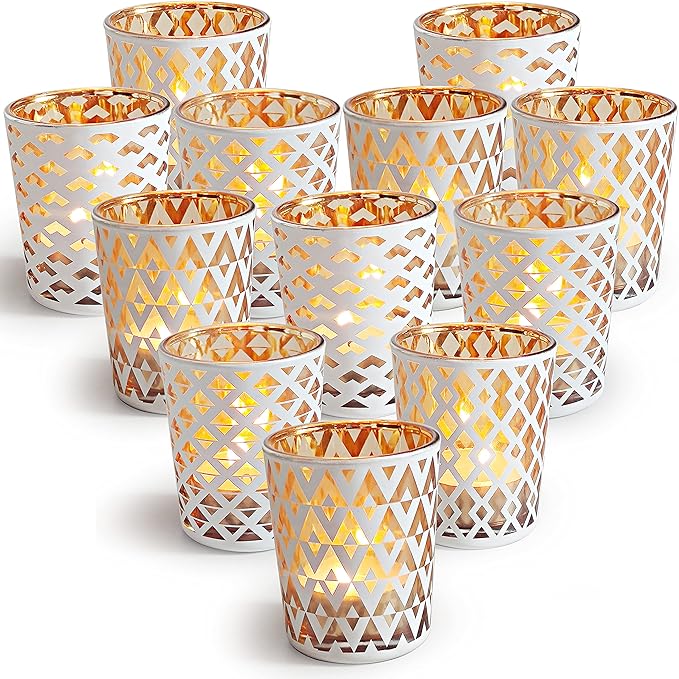 SHMILMH White and Gold Votive Candle Holders Set of 12, 4 Patterns Frosted Glass Tea Lights Candle Holders for Birthday Party Wedding Table Centerpiece Halloween