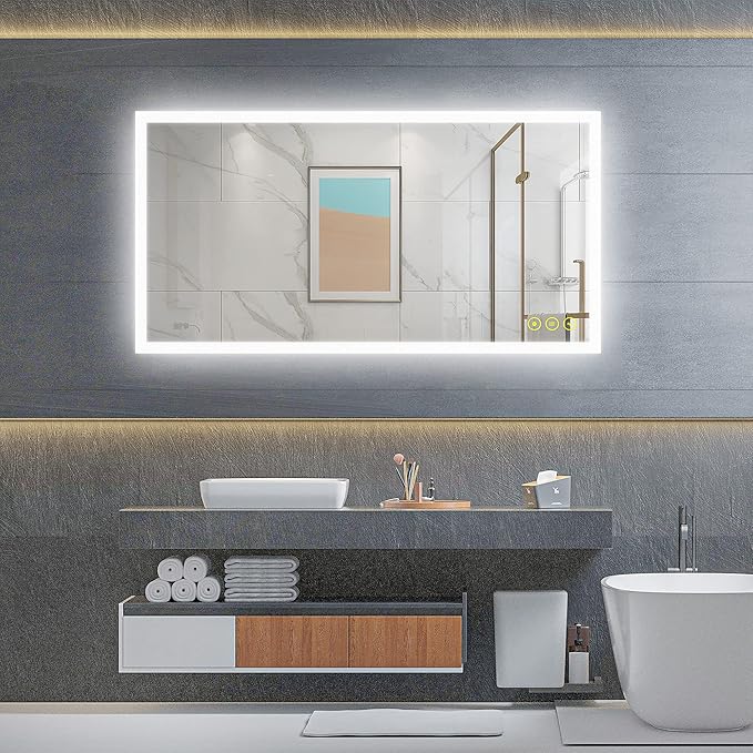 Wall-Mounted LED Square Bathroom Mirror, Makeup Mirror (40 inches x 24 inches,) 3 Color Dimming Bathroom Vanity Mirror with Lights Smart Mirror with Touch