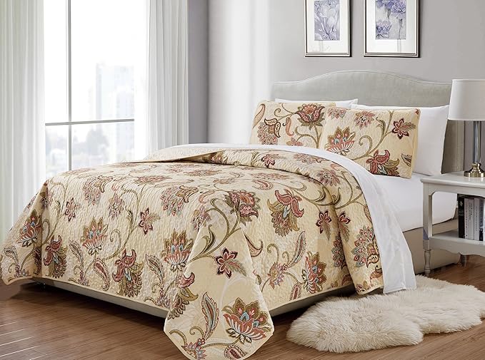 Fancy Collection 3 Pc Quilted Bedspread Over Size New (King/California King, Beige Rust Green Floral)