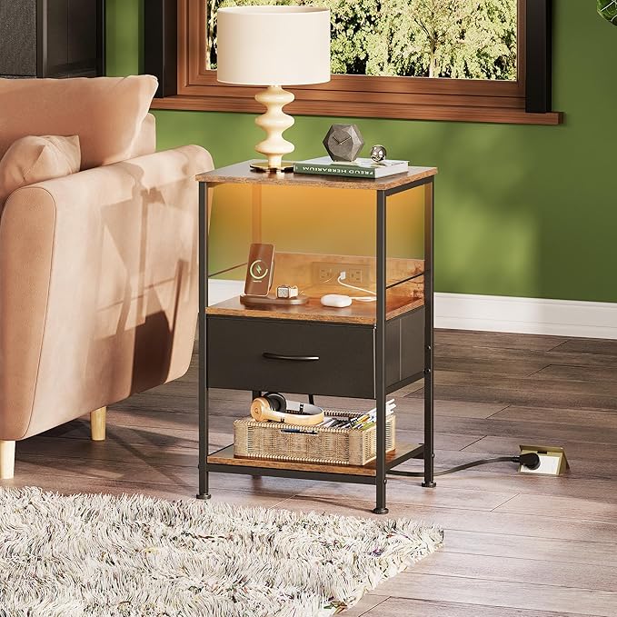 WLIVE LED Night Stand, Nightstand with Charging Station, Small Bed Side Table with Fabric Drawer and Open Shelves, Tall End Table with USB Ports & Outlets, Black and Rustic Brown