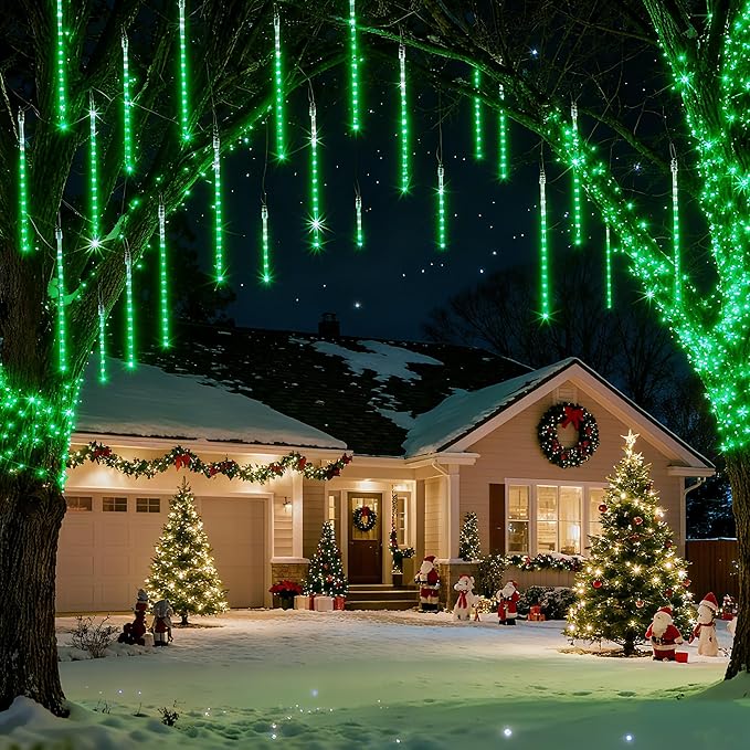 Joomer Christmas Lights Outdoor, 11.8 inch 10 Tubes 240 LED Meteor Shower Lights, LED Snow Falling Icicle Cascading Light with Timer Waterproof and Connectable for Christmas Decoration (Green)