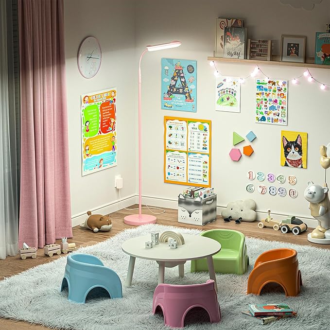 Pink LED Floor Lamp, 18W 1800LM Bright Floor Lamp with Remote & Works with Smart Plug, Dimmable Timing Eye Caring Reading Light Modern Standing Floor Lamps for Living Room Bedroom Office