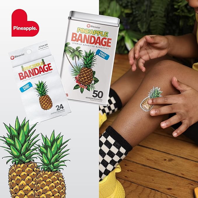 BioSwiss Bandages, Pineapple Shaped Self Adhesive Bandage, Latex Free Sterile Wound Care, Fun First Aid Kit Supplies for Kids, 50 Count
