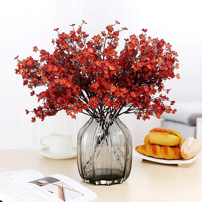 JAKY-Global Babys Breath Silk Artificial Flowers Bulk 20pcs for Fall Decor Fake Flower Bouquet Bulk for Home Kitchen Indoor Bouquet Floral Arrangement Table Centerpieces Party Decor(Burnt Red Brown)