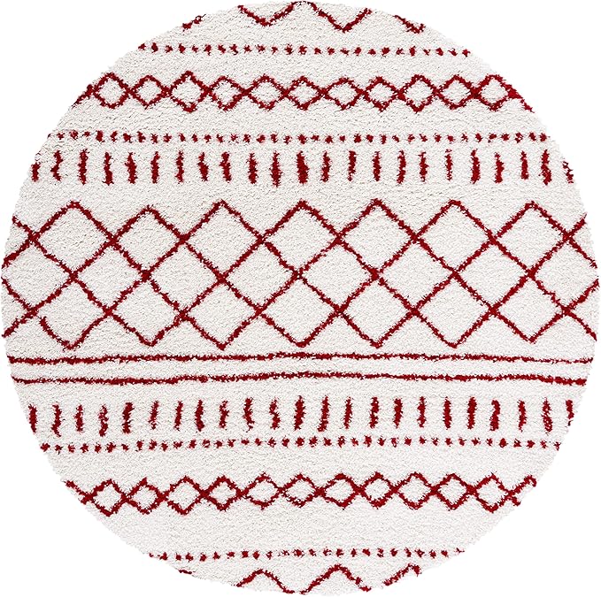 SAFAVIEH Arizona Shag Collection 6'7" Round Ivory/Red ASG741P Moroccan Non-Shedding Entryway Foyer Living Room Bedroom Kitchen 1.2-inch Thick Area Rug