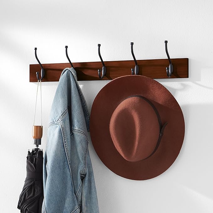 Amazon Basics Rectangular Wall-Mounted Farmhouse Coat Rack, 5 Hook, Light Walnut