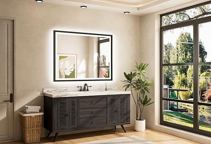 TETOTE 48x36 LED Bathroom Mirror with Lights Black Frame Frontlit & Backlit Lighted Vanity Mirror Baroque Gothic Anti Fog Dimmable White/Warm/Natural,CRI90+,Waterproof,(Horizontal/Vertical)