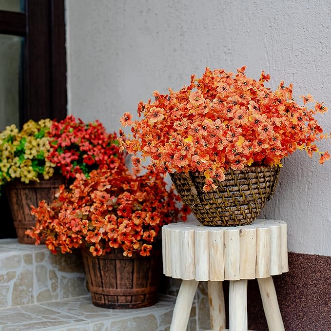 Artificial Fall Flowers Outdoor Fake Mums - 16 Bundles Fake Plants UV Resistant No Fade Faux Plastic Greenery Garden Porch Patio Fall Home Decor (Orangeyellow)