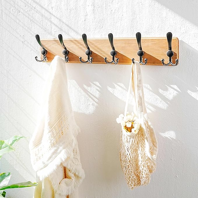 Dseap Coat Rack Wall Mounted - 24" Long 6 Tri Hooks, Heavy Duty Wooden Wall Coat Hanger Coat Hook for Clothes Hat Jacket Clothing, Weathered Brown and Black, Pack of 2