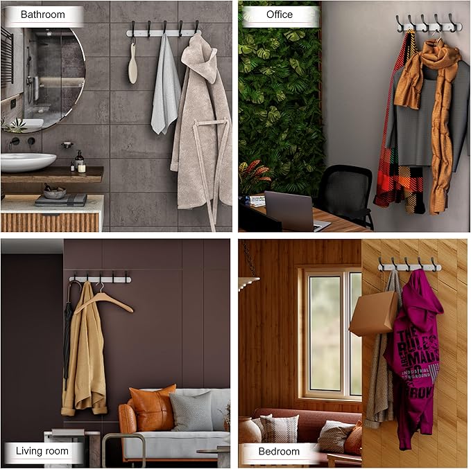 White and Black Coat Rack Wall Mounted - 16 Inch Heavy Duty Stainless Steel Matte Finish Wall Hook Rack - 5 Double Coat Hooks for Hanging Towels, Bags, Hat - Bathroom Entryway - 2 Pack