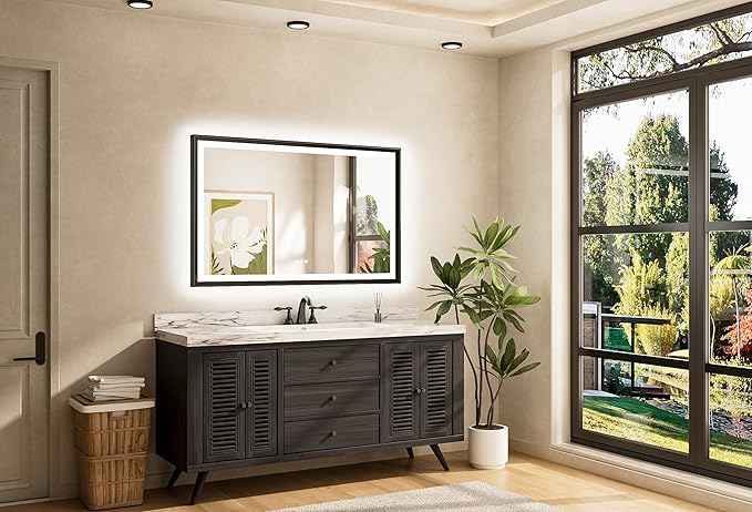 TETOTE Black LED Bathroom Mirror with Lights 48x30 Front & Back Light Vanity Framed Mirror Baroque Gothic Anti Fog Dimmable White/Warm/Natural,CRI90+,Waterproof,Wall Mounted(Horizontal/Vertical)