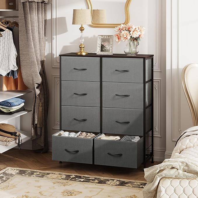 WLIVE Fabric Dresser for Bedroom, Tall Dresser with 8 Drawers, Storage Tower with Fabric Bins, Double Dressers, Chest of Drawers for Closet, Living Room, Hallway, Dark Gray