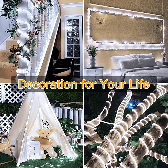 Ollny 100 LED Remote Control Rope Lights, 33FT USB Power Cool White String Lights, 8 Modes IP68 Waterproof Timer Fairy Lights for Bedroom Indoor Party Wedding Decor
