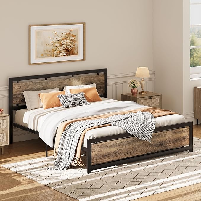 LIKIMIO California King Bed Frame with Headboard and Footboard, Metal Strong Supports, Easy Assembly, Noise-Free, No Box Spring Needed, Walnut