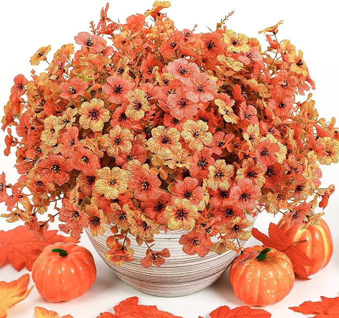 SHareconn 24 Bundles Artificial Fall Flowers for Outdoors Decoration, UV Resistant Silk Eucalyptus Lavender Faux Autumn Fake Plants for Outside Indoor Garden Yard Porch Home Decor, Autumn Orange-Red