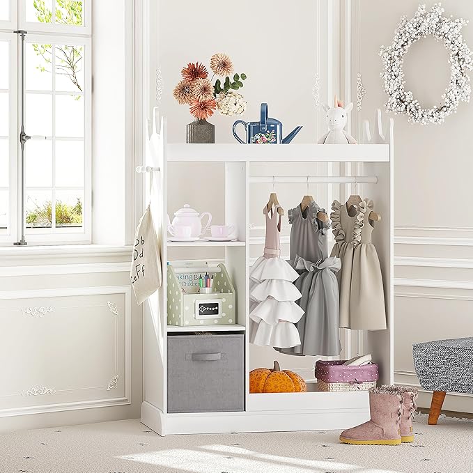 UTEX Kids Play Armoire with Mirror, Storage Bins and Closet for Dress Up and Costumes (White)