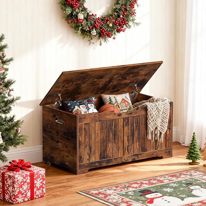 Wooden Storage Chest Box with Flip-top Lid & Safety Hinge, 39.4 Inch Living Room Organizer, Bedroom Bench, Rustic Brown