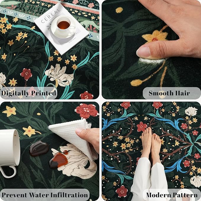Area Rugs 8x10 for Living Room Clearance Washable Vintage Floral Botanical Rug Non Slip Low Pile Large Rug for Bedroom, Farmhouse, Dining Room, Kids Playroom, Green