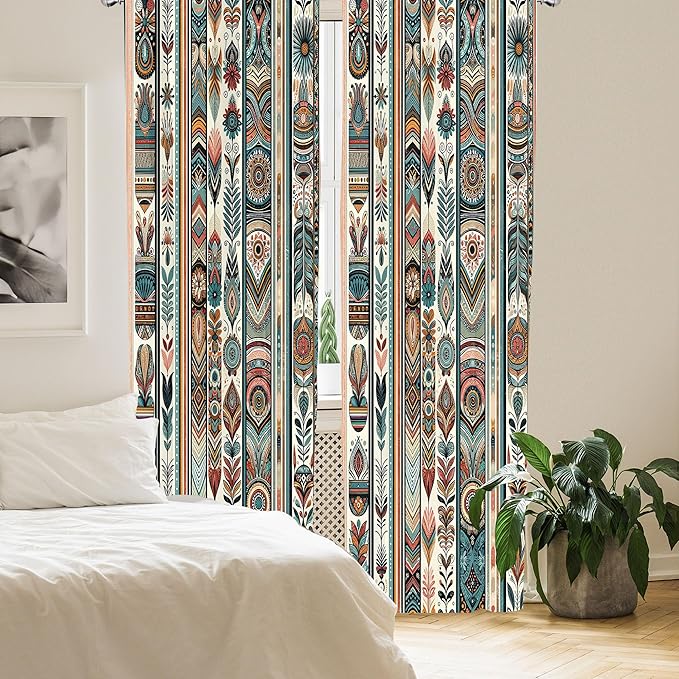 Ambesonne Ethnic Curtains, Folkloric Style Floral Ornaments with Bohemian Oriental Motifs as Stripes, Window Treatments 2 Panel Set for Living Room Bedroom, Pair of - 28" x 95", Teal Coral and Orange